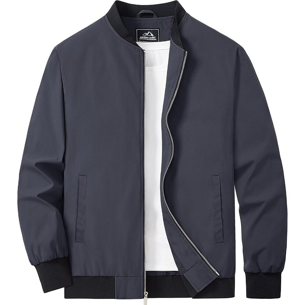Men's Dark Gray Lightweight Casual Style Bomber Jacket Golf Coat Zip Up Pockets